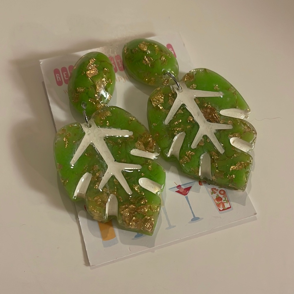 Green & Gold Handmade Resin Leaf Earrings